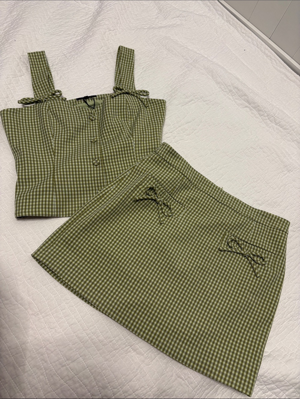 2 Piece Set-7 For All Mankind Olive Gingham Tie-Detail Crop Top & Mini Skirt - Picture 4 of 14